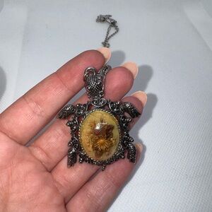 Silver and Amber Turtle Pendant Necklace